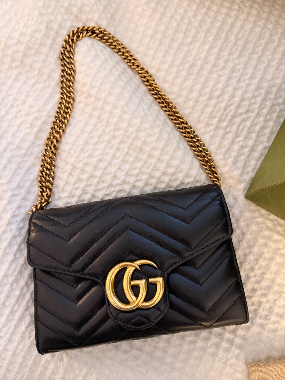 Gucci Black Chevron Quilted Leather Shoulder Bag with Gold GG Chain